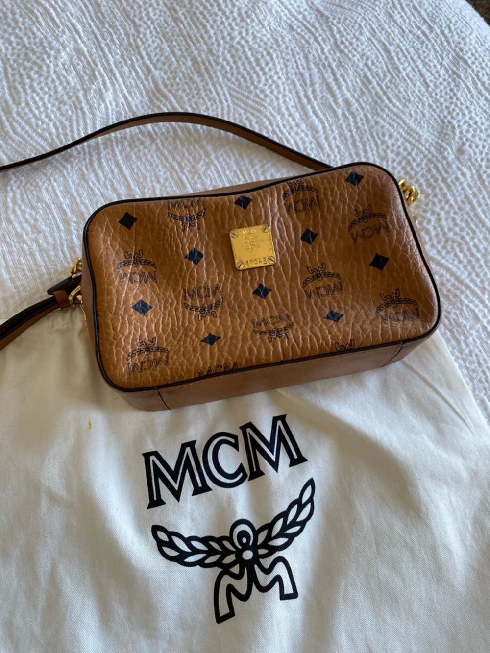 MCM Tan Cognac Visetos Logo Crossbody with Gold Plaque